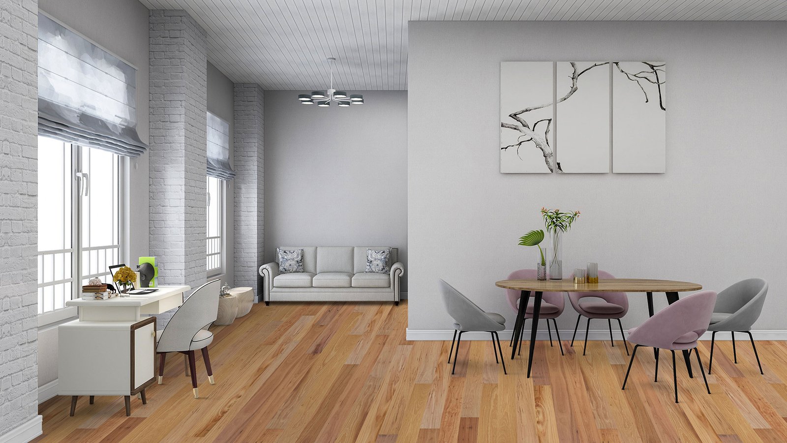 Minimalist white room living room home office backdrop, photorealistic 3D illustration, suitable for video conference and as Zoom virtual background.